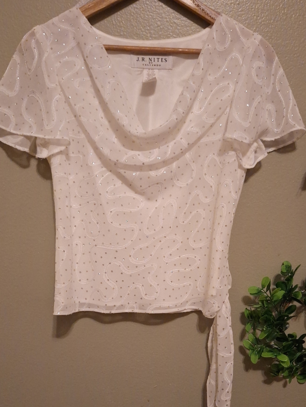 J. R. Nites White Beaded Cowl Neck Women's Top Size 6 Lined